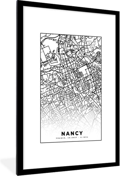 Fotolijst incl. Poster Zwart Wit- Stadskaart - Nancy - Plattegrond - Kaart - Frankrijk - Zwart wit - 80x120 cm - Posterlijst