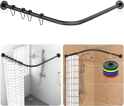 Famanu - L-vormige douchegordijnstang zwart, verstelbaar 90-120 × 90-120 cm, met 18 ringen, installatie met of zonder boren