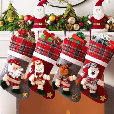 Kerstkousen, set van 4 kerstkousen, voor open haard, grote kerstmanlaarzen om te vullen, cadeauzak, snoepzak, kerstversiering, kerstboomhanger, kerstdecoratie