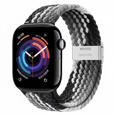 Gemengde kleur nylon horlogebandje geschikt voor Apple Watch dames en heren 38 mm / 40 mm / 41 mm / 42 mm (serie 10 / 11) , elastisch gevlochten smartwatch bandje zonder gesp, zwart grijs wit multicolor stretch vervangend horloge bandje