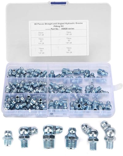 Dailygoods- Smeernippel Set 80 Stuks - 45°/90°/180° Mondstukken - 1/8in/1/4in - Zink/IJzer - Transparante Doos - Vetspuit