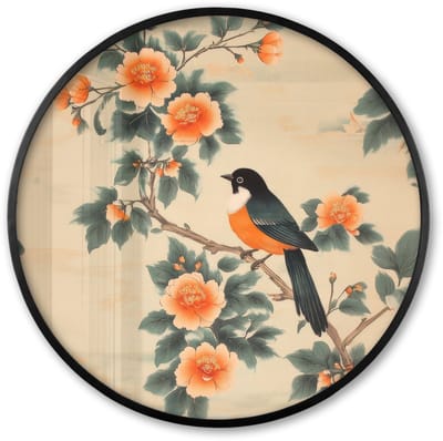 Poster in lijst Rond - Fotolijst 60x60 cm - Posters - Vogel - Tak - Bloemen - Oranje - Ronde posterlijst zwart - Decoratie - Wanddecoratie woonkamer - Muurdecoratie slaapkamer
