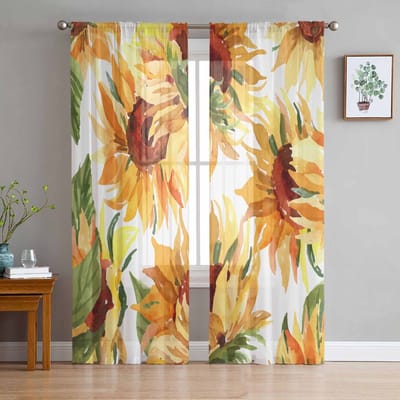 Planten Aquarel Grasbladeren Zonnebloemen Slaapkamer Gordijnen Tule Doorzichtig Gordijn Woonkamer Huisdecoratie Voile Gordijnen 135W x 114H(cm)
