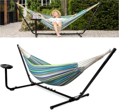 Hangmat met Frame voor 2 Personen - Comfortabele Ligplek met Beker- en Boekenhouder