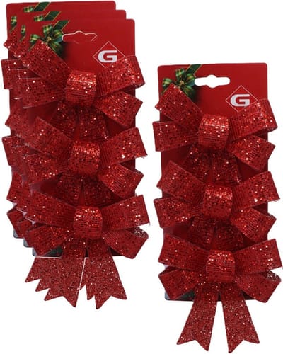 Gerimport kerstornamenten strikken - 12x st- rood - 12x13 cm - kerstboomstrikjes - kerstversiering