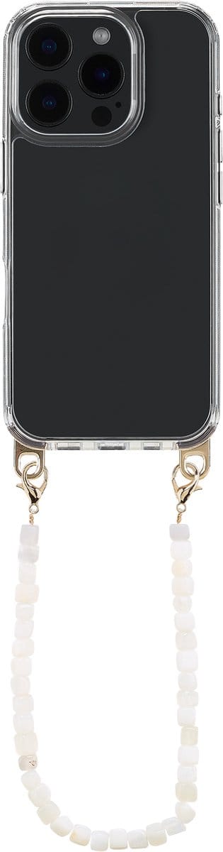 Selencia Transparant Hoesje met Haakjes inclusief Natuurstenen Polskoord - Geschikt voor Apple iPhone 16 Pro - Pearl White
