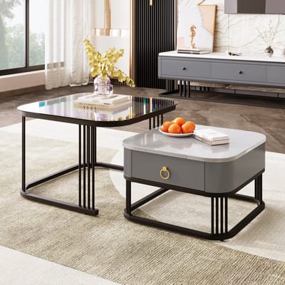 HAUSS SPOLE Salontafel - 2 Delige Set Met Marmor Optiek En Glasplaat - Vierkant Design Voor Woonkamer Of Balkon - 60x60+50x50 cm - MDF + Metaal - Zwart en Grijs