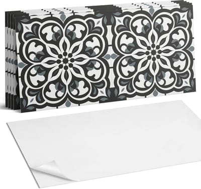 Coloray Plaktegels - Bloemenpatroon met ornamenten Wandtegel Zelfklevend - 60 cm x 30 cm - Zwart Plaktegels - 6 stuks - Rechthoek PVC Tegels - Plaktegels Keuken - Zelfklevende Vloertegels Badkamer - Vinyltegels Vloer Zelfklevend - Portugese Tegels