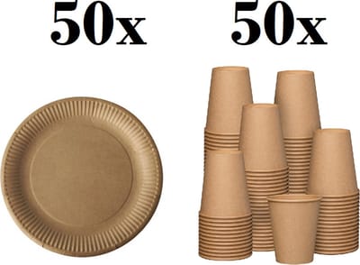 50 kartonnen borden 23cm + 50 kartonnen bekers 240ml-Wegwerp servies - Feest/verjaardag/BBQ/Picknick bordjes - set bio/eco/milieubewuste keuze /  Biologisch afbreekbaar- Duurzaam - Milieuvriendelijk
