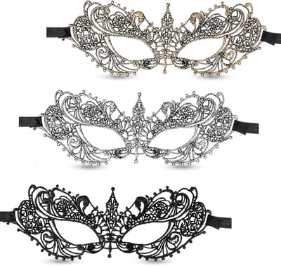 Set van 3 Venetiaanse Lacemaskers voor Halloween, Carnaval en Feestjes - Goud, Zilver, Zwart