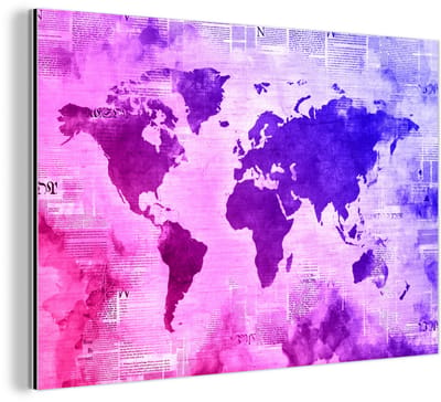 Aluminium schilderij 120x80 cm - Wanddecoratie metaal - Wereldkaart - Roze - Blauw - Metalen muurdecoratie woonkamer - Decoratie industrieel - Foto op dibond - Industriële accessoires slaapkamer