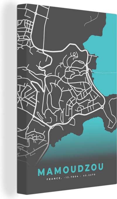 Canvas Schilderij Frankrijk - Stadskaart - Mamoudzou - Kaart - Plattegrond - 20x30 cm - Wanddecoratie