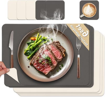 Wasbare Onderzetters en Placemat Set van Leer, Dubbelzijdig, Antislip, Set van 6, Grijs en Beige, Perfect voor Tafelbescherming en Decoratie