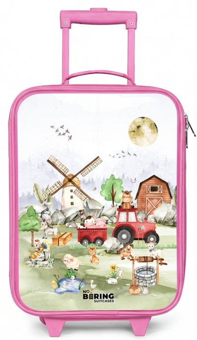 NoBoringSuitcases.com® - Kinderkoffer roze - Kindertrolley meisje - dieren op een boederij - Koffer kind lichtgewicht - Reiskoffer trolley voor kinderen - Koffertje met lichtgevende wieltjes - Rolkoffer