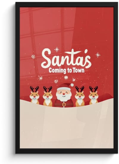 Poster in lijst - Fotolijst 40x60 cm - Posters - Illustratie - Kerstman - Rendieren - Rood - Posterlijst zwart - Decoratie - Wanddecoratie woonkamer - Muurdecoratie slaapkamer - Kerstversiering - Kerstdecoratie voor binnen - Kerstmis