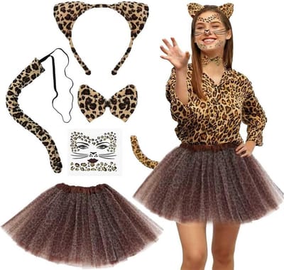 Carnaval Dierencostuum voor Vrouwen met Bruine Tulle Rok, Luipaard Oren, Staart en Face Tattoo voor Feestjes en Thema's