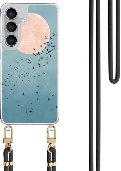 Telefoonhoesje met koord geschikt voor Samsung S25 FE - Moon birds - Inclusief Zwart koord - Transparant, Blauw - Print - Crossbody beschermhoes - Met Telefoonketting