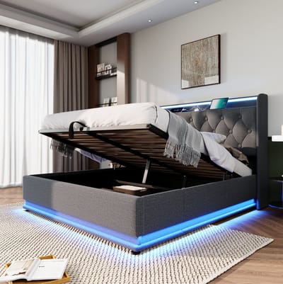 MEUNIQ tweepersoons bed 160x200 cm met LED-verlichting, hydraulische opbergruimte, gestoffeerd hoofdbord met USB en USB-C, lattenbodem, grijs