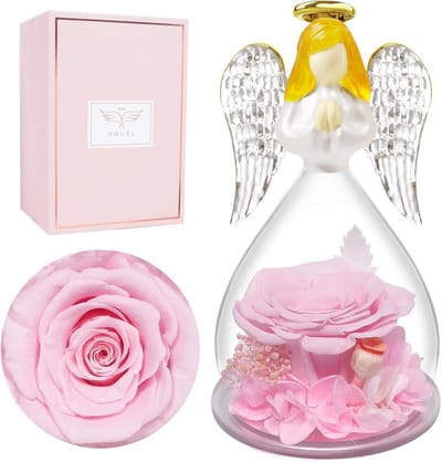 Eeuwige Roos - Glazen Engel - Cadeau Geven - Met Ledlicht - 7 x 7 x 13 cm - Roze