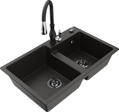 Mexen Tomas granieten gootsteen met 2 koen en keukenkraan Savita, zwart/goud metallic - 6516-75-672601-70-B