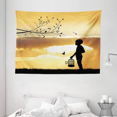 ABAKUHAUS natuurtapijt en deklaag, kind met een vogelkooi gemaakt van zachte microvezelstof die wasbaar is zonder te vervagen digitale print, 230 x 140 cm, goudsbloemzwart