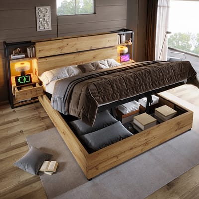 Komhtom Houten tweepersoonsbed 180 × 200 cm, bed met hydraulische opbergruimte, hoofdeinde met opbergruimte en lades en USB- en Type-C-poorten, bedframe met houten latten, eiken kleur (zonder matras).