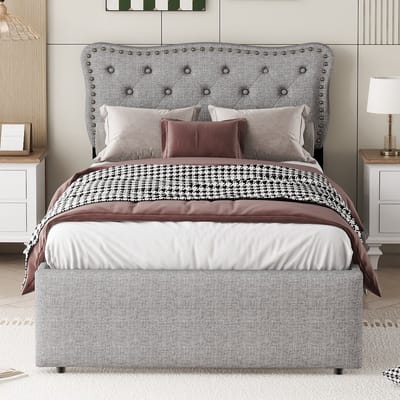 90x200 cm gestoffeerd bed - eenpersoonsbed - met decoratieve nagels bedtafel kussen - met 2 lades - grijs - zonder matras