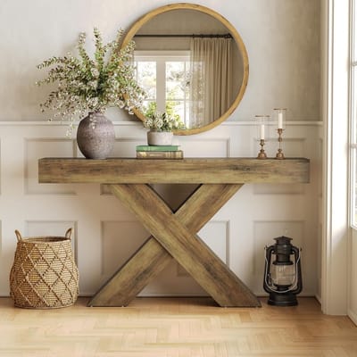 Tribesigns Consoletafel - 140x30x85 cm - X-vormige Consoletafel - Rustiek Bruin - Farmhouse Consoletafel - Console Tafel voor Hal, Woonkamer, Entree