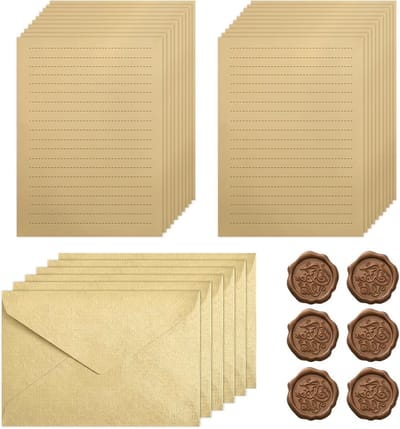 Elegante Vintage Briefpapier Set met 20 Vellen Aged Kraft Papier, 6 Enveloppen en 6 Wax Seal Stickers voor Bruiloften en Verjaardagen, Perfect voor Creatieve Projecten en Correspondentie