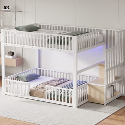 MODENUIT Stapelbed 140x200 cm – Ledverlichting – Ladder met opbergruimte – Laag model – Metaal en MDF – Zonder matras – Wit
