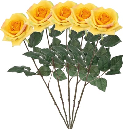 Mica Decorations Kunstbloem Roos Emily - 5x - 66 cm - geel - polyester - kunststof - kunstbloemen