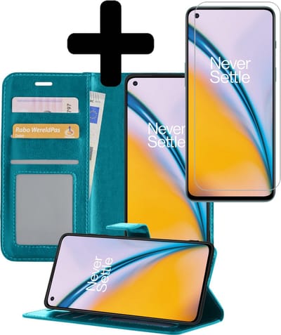 Hoesje - Met Screenprotector - Geschikt voor OnePlus Nord 2 - Luxe Pasjeshouder - Bookcase Portemonee - Flip Case - Kunstleer Book Case - Flipcase - Book Cover - Walletcase - Portemonneehoes - Telefoonhoesjes - Turquoise