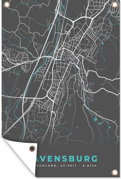 Muurdecoratie Plattegrond – Ravensburg – Blauw – Stadskaart – Kaart - Duitsland - 120x180 cm - Tuinposter - Tuindoek