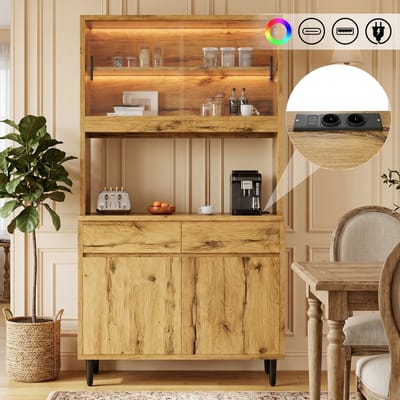 Clruro Buffetkast - 100 × 40 × 185 cm - Hoog met LED, Stopcontact en USB - Eiken
