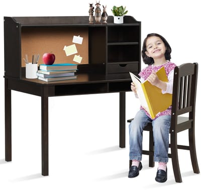 COSTWAY Kinderbureauset met prikbord, bureau voor kinderen met stoel, jeugdbureau met opzetstuk, laden en verstelbaar rek, houten studentenbureau voor kinderkamer (bruin)