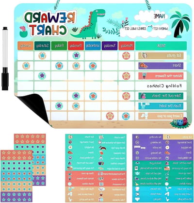 Magnetische Beloningskaarten voor Kinderen met 52 Gedragsstickers en 120 Sterrenstickers, Leerkaarten voor Zindelijkheidstraining, Goede Gewoonten en Routineopbouw met Dinosaurusthema