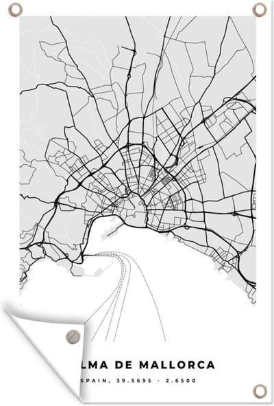 Muurdecoratie Mallorca - Stadskaart - Zwart Wit - Plattegrond - Kaart - 120x180 cm - Tuinposter - Tuindoek
