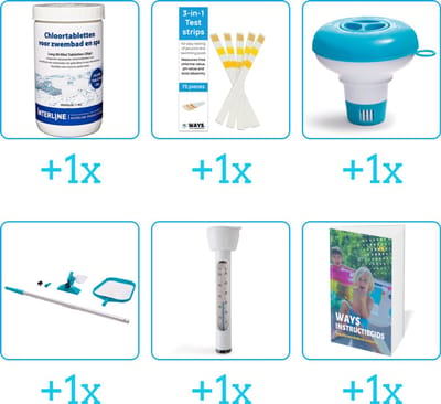Zwembad Onderhoudspakket - Onderhoud Zwembad - bevat Chloor - Testrips - Chloordrijver - Schoonmaakset - Thermometer en Zwembadgids (6-delig)