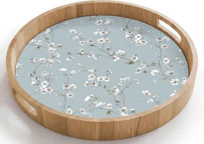 Dienblad rond 40x40 cm - Schootdienblad hout - Klassiek - Bloemen - Blauw - Borrelplank rechthoek - Plateau houten dienbladen