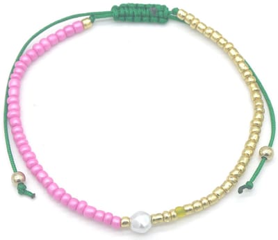 Enkelbandje - verstelbaar - kralen - goudkleurig - roze -groen - hip - tijdloos - zomer - vakantie - festival - dames - unisex - cadeau