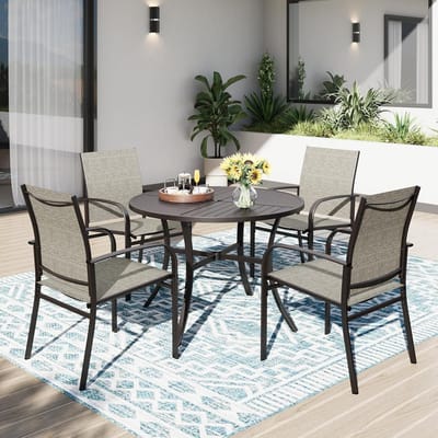 Tuinset 4 Personen Rond – 5-Delige Tuinmeubelset met Ronde Tafel & Textileen Stoelen – Weerbestendige Tuintafel met Parasolgat voor Terras & Tuin – Bruin – Urbanhome