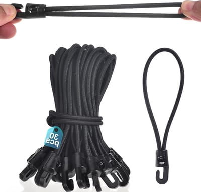 Korte elastische spanners met haken - 30 stuks in zwart voor dekzeilen, tenten, camping en aanhanger (15 cm)