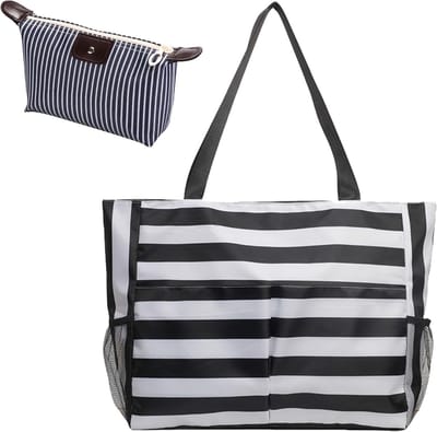 Grote Waterdichte Strandtas voor Dames - Ruime Familie Tote met Rits, Ideaal voor Strand, Vakantie en Winkelen, Zwart
