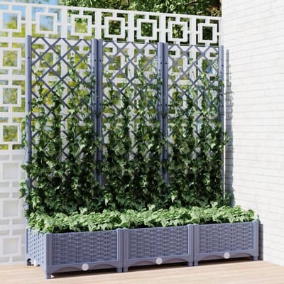 Plantenbak met klimrek - Bloembak - Weerbestendig - Met trellis - Buiten - Polypropeen - Plantenrek - Rechthoekig - 3x18 Liter - Grijs