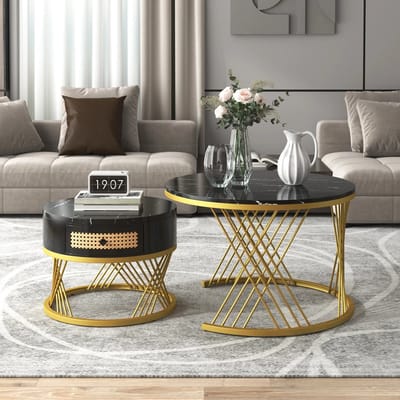 DHN set van 2 salontafels - 2 In 1 Ronde Salontafel Gemaakt Van Mdf - Moderne bijzettafels - Zwart - Goud