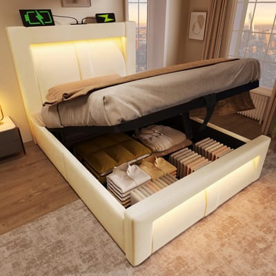 VVBV Opbergbed Eenpersoonsbed 90x200 cm - LED-Verlichting, USB-C Laadstation, Lades, Lattenbodem - Fluweel Beige Zonder Matras