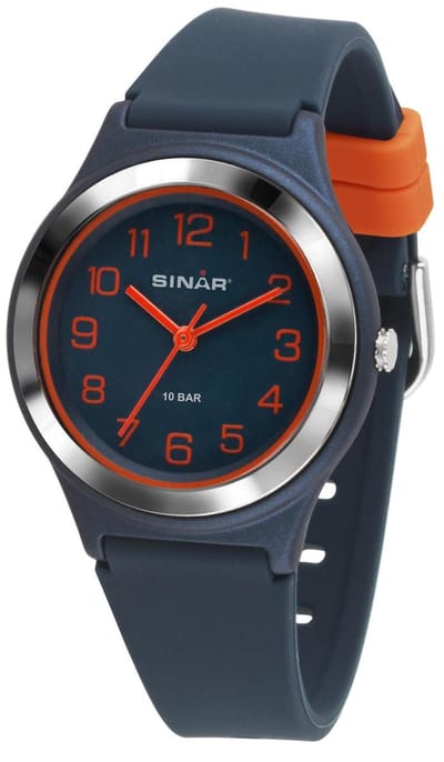 Sinar - Horloge Kind - Kinderhorloge Jongen - Tiener - 10 bar Waterdicht - Analoog - Ø 36 mm - Stevig Siliconen bandje - Verstelbaar (13 - 18,5 cm) - Edelstalen Sluiting - Quartz uurwerk - Blauw / Oranje - XB-48-12