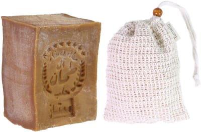 TUMELO Originele Aleppo-zeep 200 g 90% olijfolie 10% laurierolie + sisal zeepzakje, handgemaakte olijfoliezeep natuurlijke zeep - Test