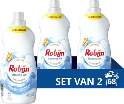 Robijn Klein & Krachtig Classics Vloeibaar Wasmiddel - Stralend Wit - met Care Serum - 2 x 34 wasbeurten - Voordeelverpakking