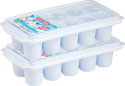 Plasticforte dikke ronde blokken ijsblokjes tray - 2x stuks - ijsklontjes - 10 vakjes - wit - met deksel - kunststof